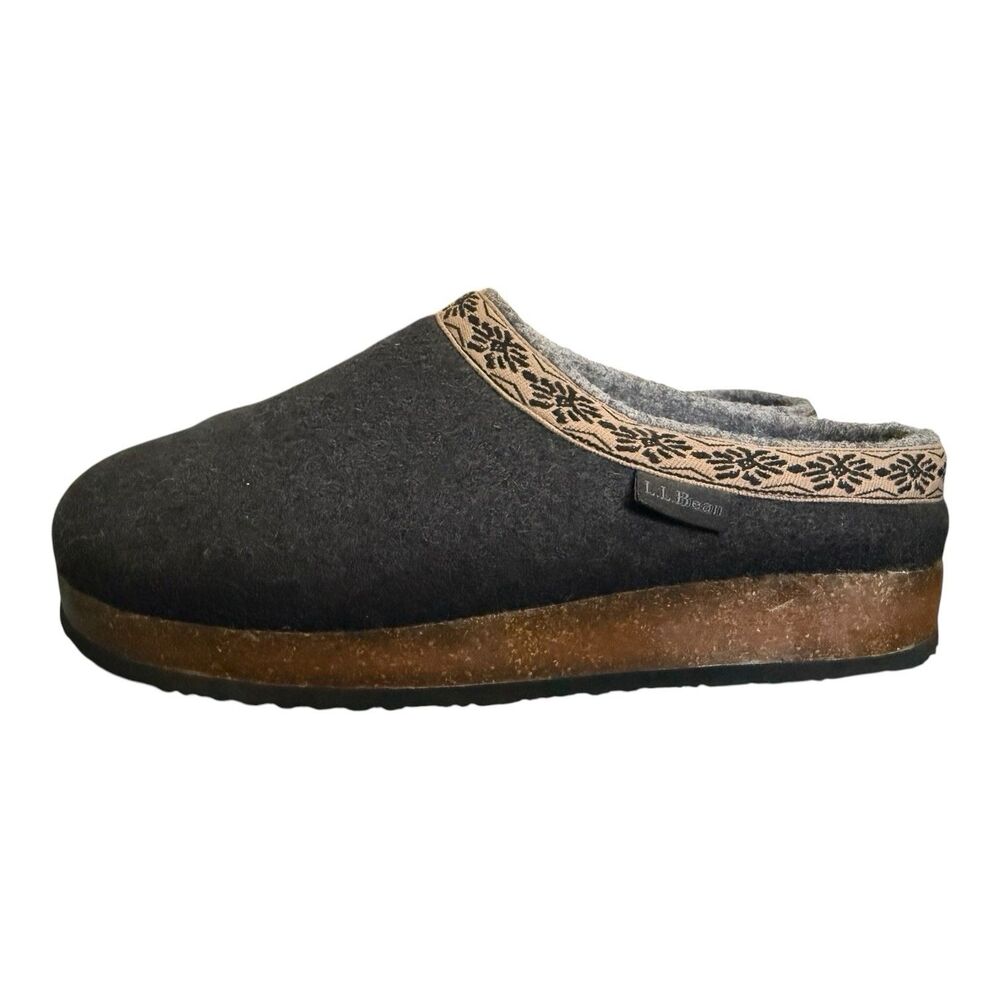 L.L.Bean Wool Slipper Clog Size 8 M Black Cozy Cabin Cottagecore Nordic Winter